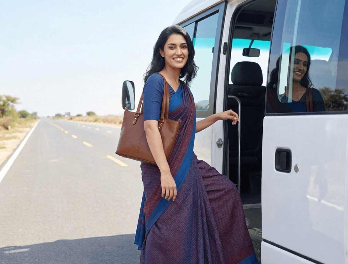 A commuter stepping onto a Panduwasnuwara Tours staff bus